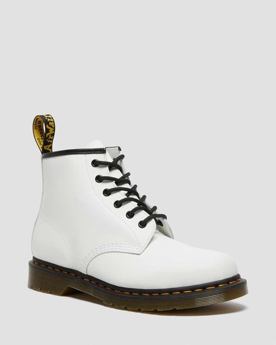 Dr Martens 101 Yellow Stitch Smooth Leather Men's Ankle Boots White Smooth Leather | RTELBC739