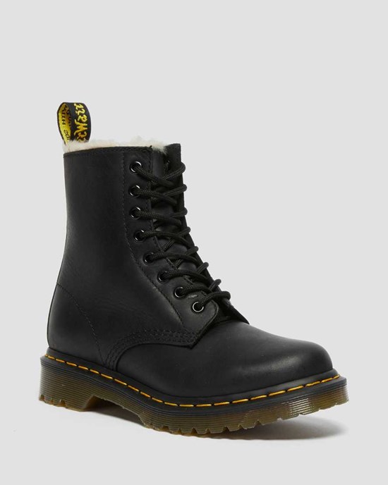 Dr Martens 1460 Faux Fur Lined Women's Lace Up Boots Black Burnished Wyoming | OFRLQG127