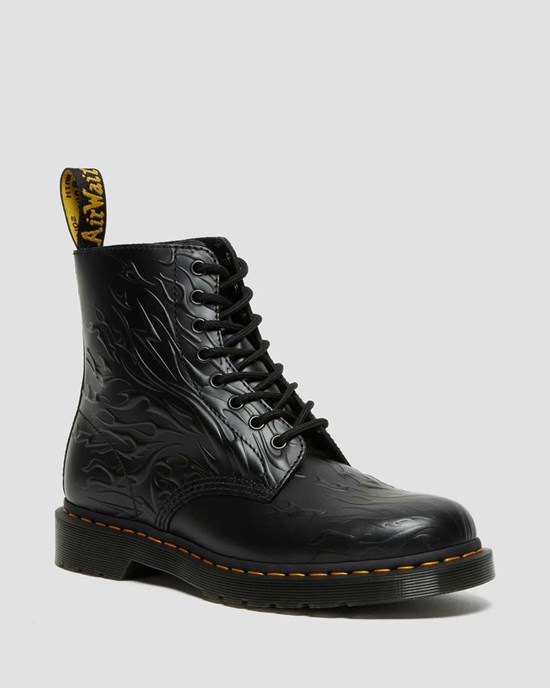 Dr Martens 1460 Flames Emboss Leather Men's Lace Up Boots Black Flame Polished Smooth | JXYMHI018