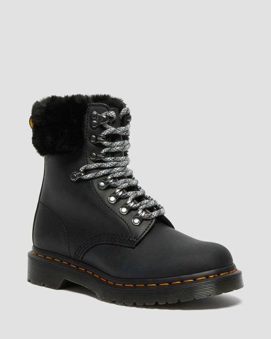 Dr Martens 1460 Serena Collar Faux Fur Lined Women's Ankle Boots Black Streeter | FCIDZE310