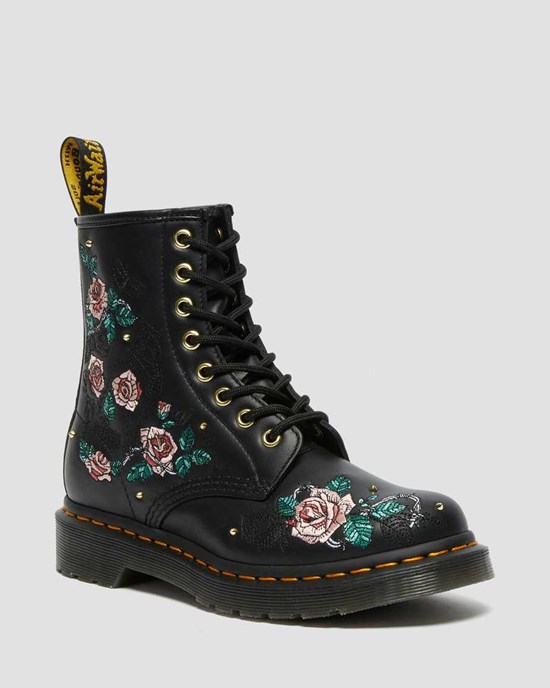 Dr Martens 1460 Vonda Floral Leather Women's Ankle Boots Black Nappa | UPKBCJ325