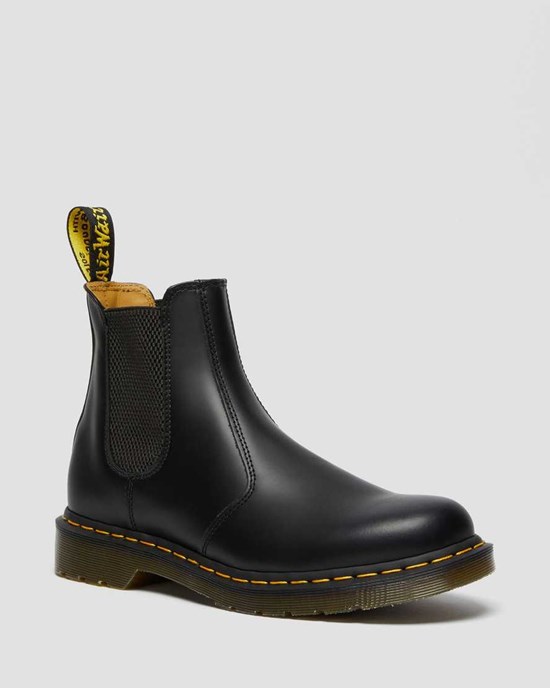 Dr Martens 2976 Yellow Stitch Smooth Leather Women's Chelsea Boots Black Smooth Leather | BACJQE527