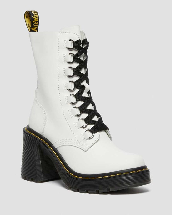 Dr Martens Chesney Leather Flared Heel Women's Lace Up Boots White Sendal | UPIQRY427