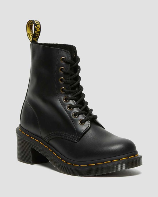 Dr Martens Clemency Leather Heeled Women's Lace Up Boots Black Wanama | DLJEIY016