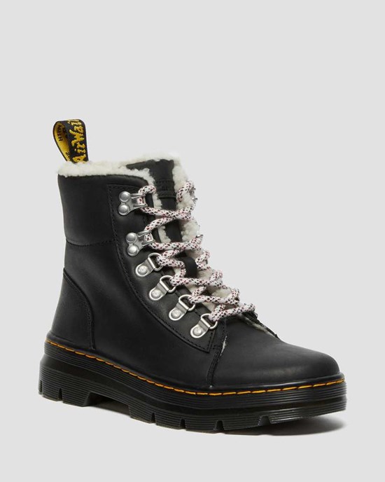 Dr Martens Combs Faux Shearling Lined Women's Lace Up Boots Black Wyoming | QBHEIK864