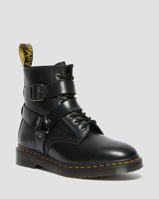 Dr Martens Cristofor Leather Harness Men's Lace Up Boots Black Polished Smooth | AKLYGO702