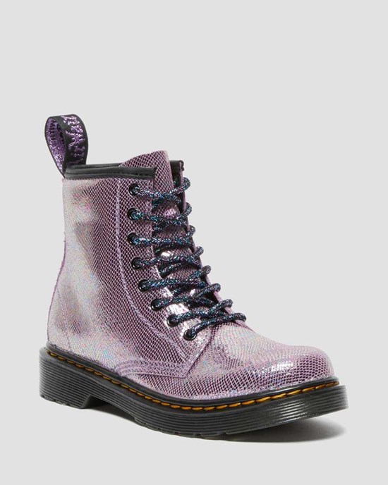 Dr Martens Junior 1460 Iridescent Leather Kids' Lace Up Boots Purple Reptile Iridescent | RDXVZO591