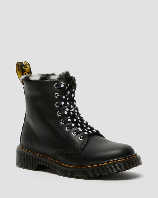 Dr Martens Junior 1460 Serena Faux Fur Lined Leather Kids' Lace Up Boots Black Romario | AEJCQM249