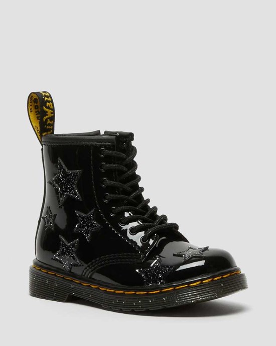 Dr Martens Toddler 1460 Glitter Star Patent Kids' Lace Up Boots Black Patent Lamper | WRMULI543