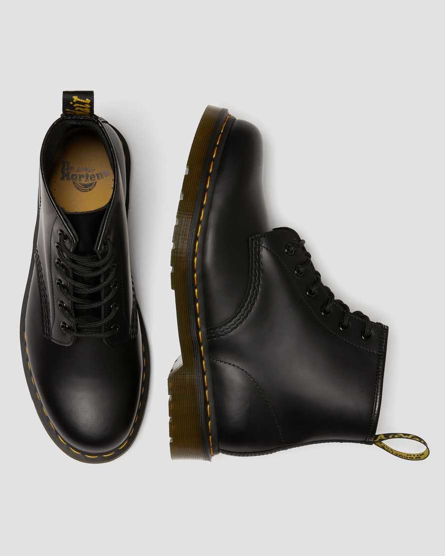 Dr Martens 101 Yellow Stitch Smooth Leather Women's Lace Up Boots Black Smooth Leather | HQERGA267