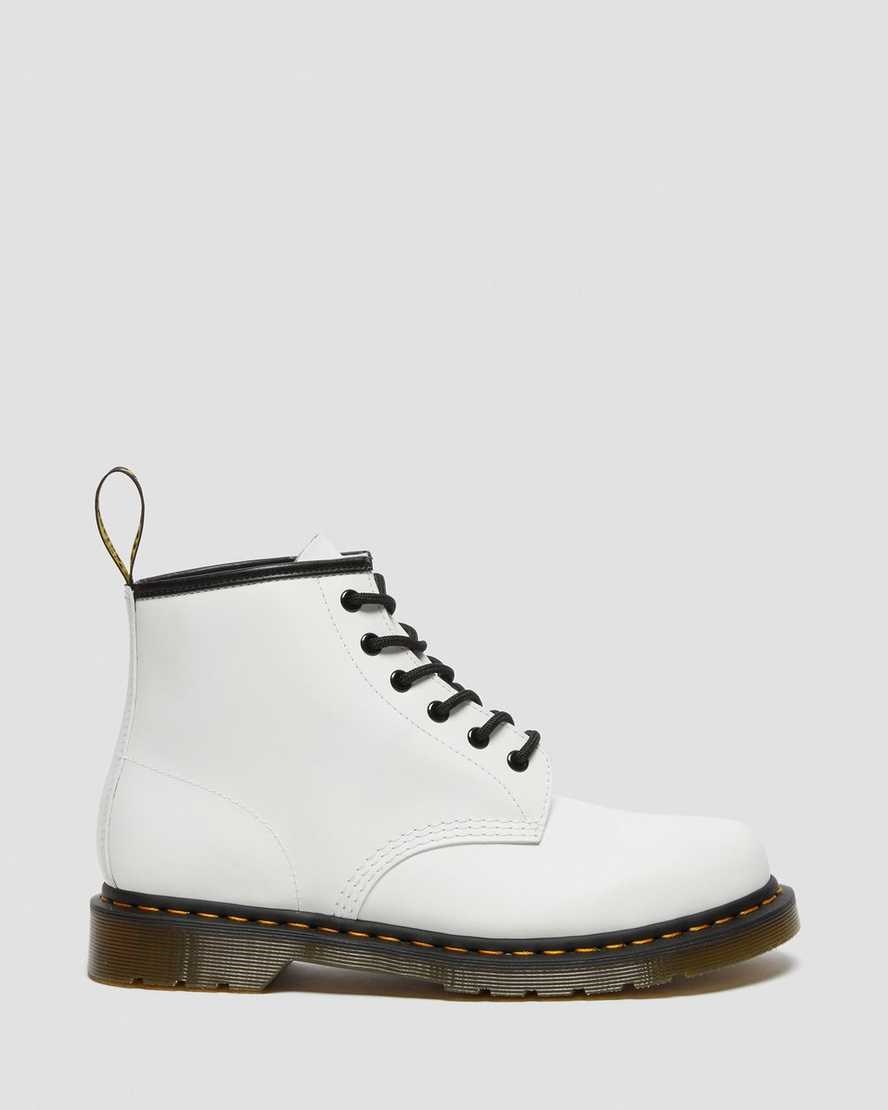 Dr Martens 101 Yellow Stitch Smooth Leather Men's Ankle Boots White Smooth Leather | RTELBC739