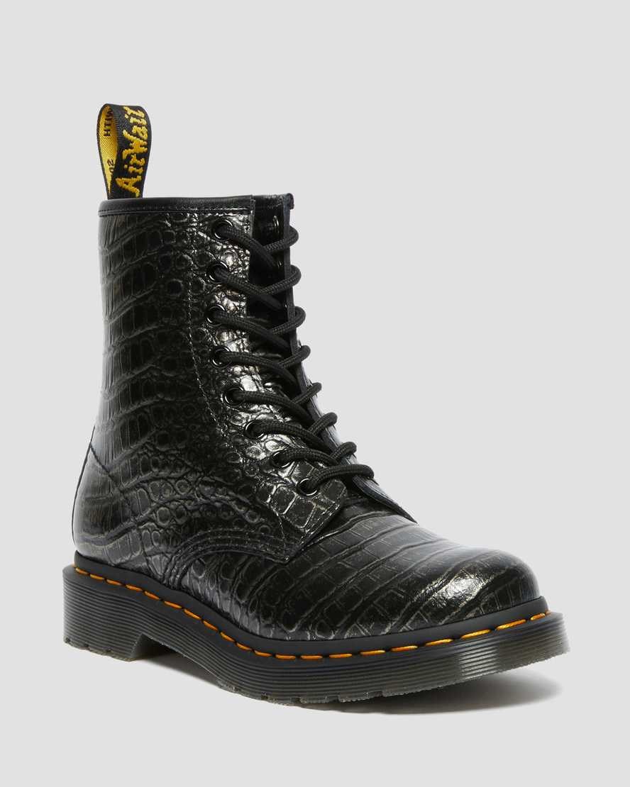 Dr Martens 1460 Croc Emboss Leather Women\'s Lace Up Boots Gunmetal Wild Croc | YHJFAV586