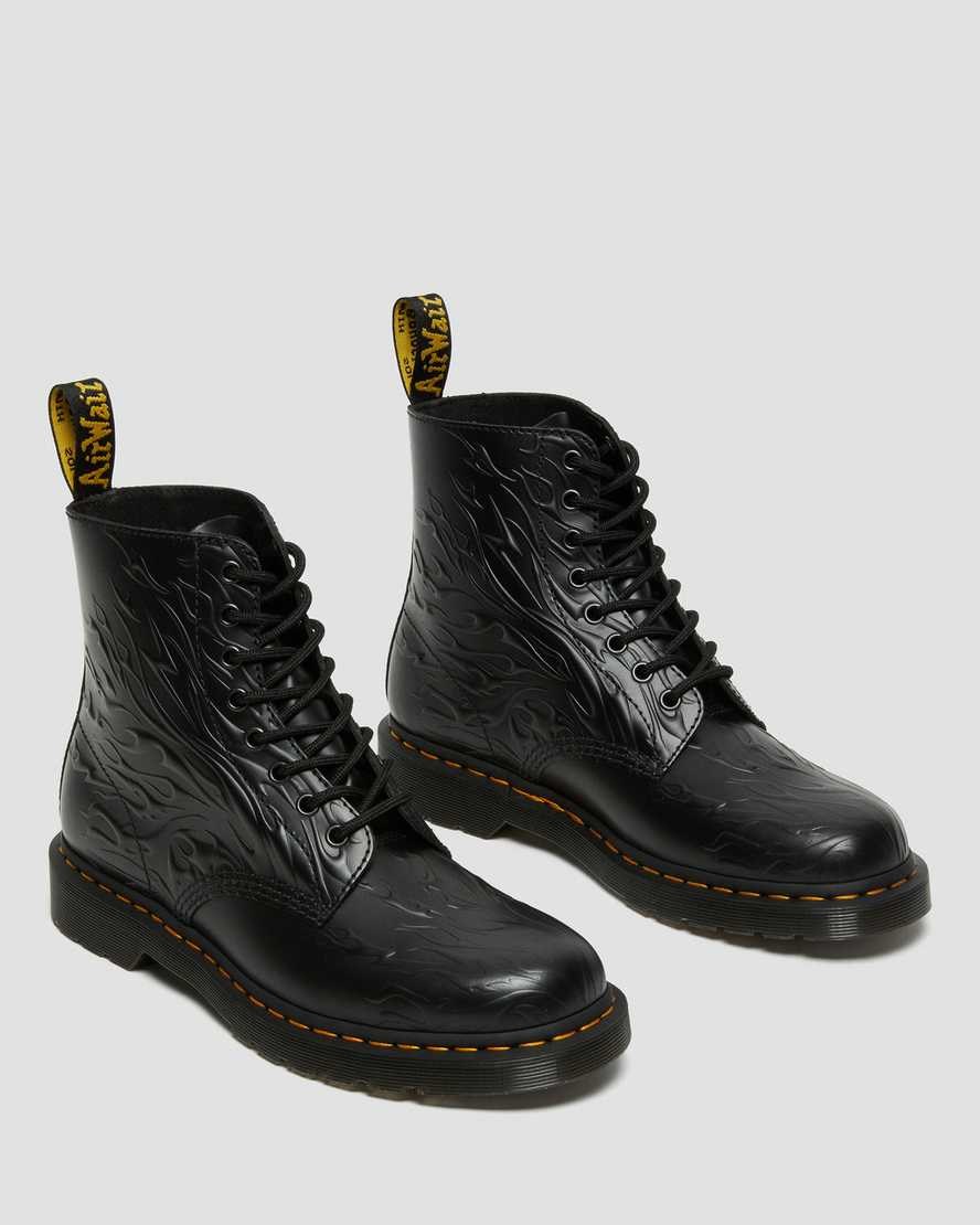 Dr Martens 1460 Flames Emboss Leather Men's Lace Up Boots Black Flame Polished Smooth | JXYMHI018