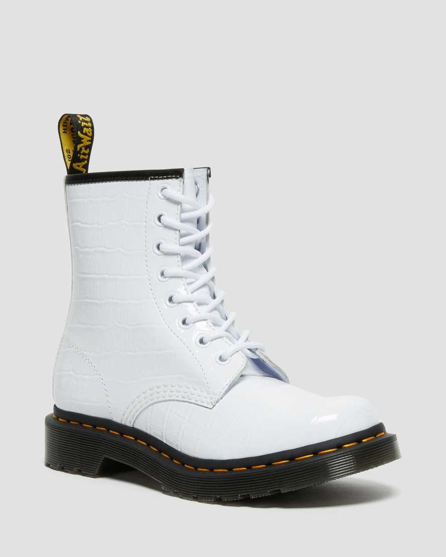 Dr Martens 1460 Patent Croc Emboss Leather Women's Ankle Boots White Patent Lamper Croc | JHEULI537