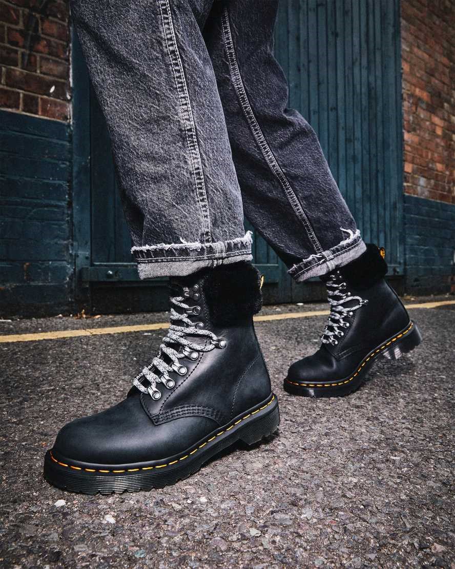 Dr Martens 1460 Serena Collar Faux Fur Lined Women's Lace Up Boots Black Streeter | JLPFAY397