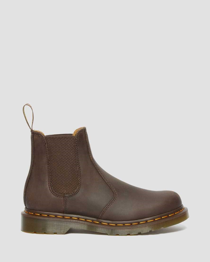 Dr Martens 2976 Yellow Stitch Crazy Horse Leather Women's Chelsea Boots Dark Brown Crazy Horse Leather | HNRBIQ081