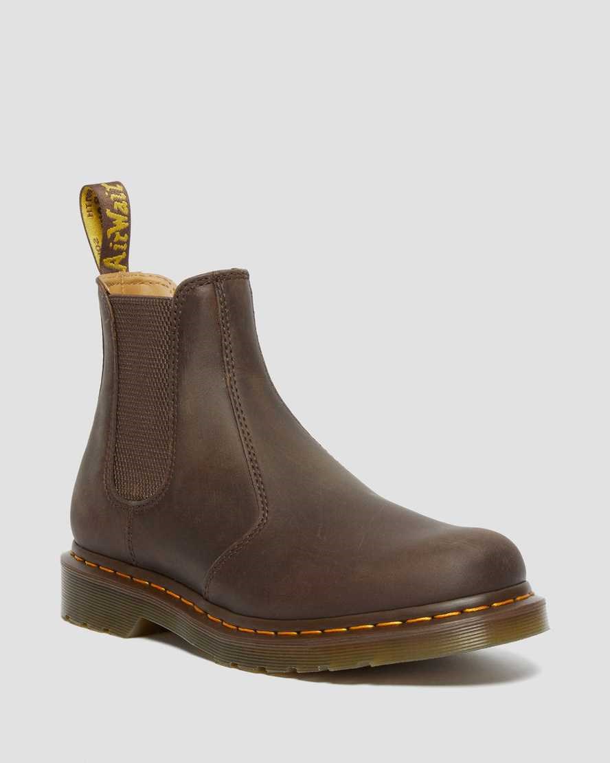 Dr Martens 2976 Yellow Stitch Crazy Horse Leather Women's Chelsea Boots Dark Brown Crazy Horse Leather | HNRBIQ081