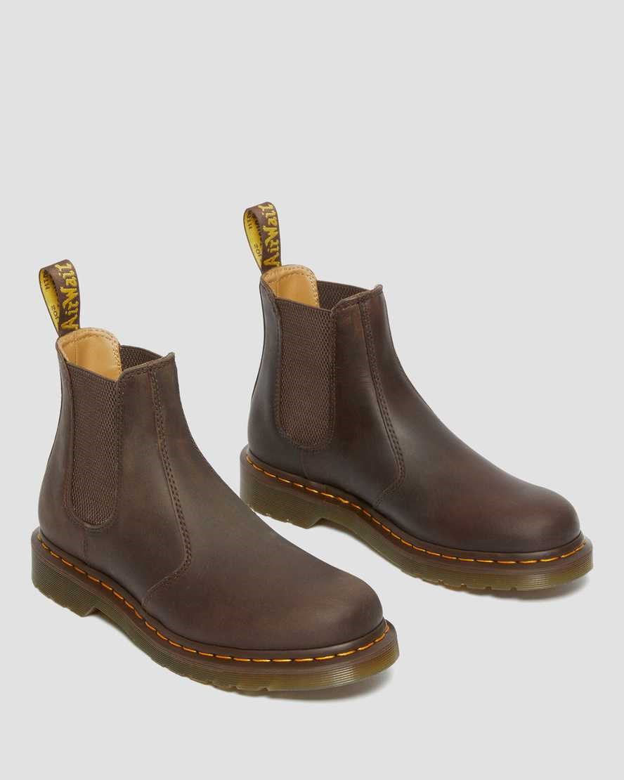 Dr Martens 2976 Yellow Stitch Crazy Horse Leather Women's Chelsea Boots Dark Brown Crazy Horse Leather | HNRBIQ081