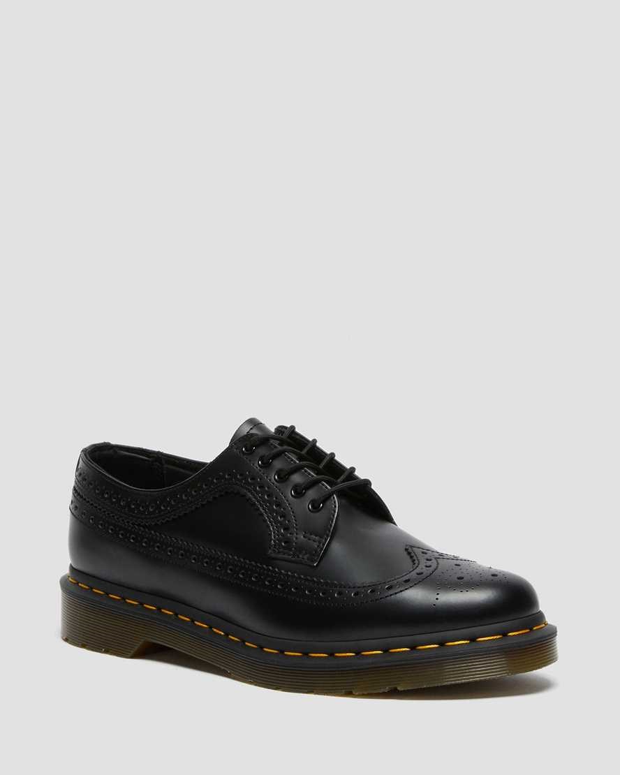 Dr Martens 3989 Yellow Stitch Smooth Leather Women\'s Brogues Black Smooth Leather | KOTHAR482