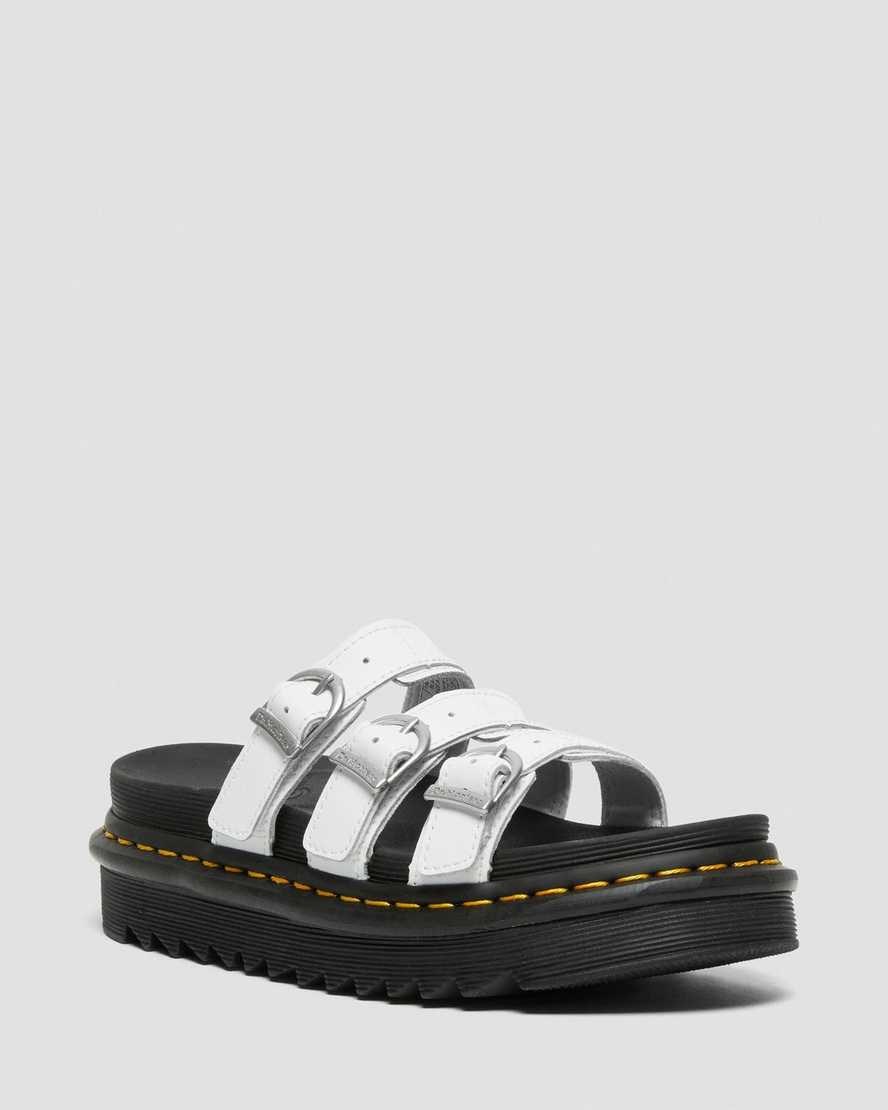 Dr Martens Blaire Leather Women\'s Slide Sandals White Hydro Leather | THAUKX842