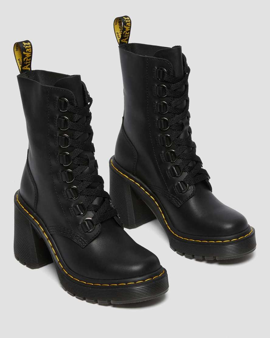 Dr Martens Chesney Leather Flared Heel Women's Lace Up Boots Black Sendal | BJTGCW958