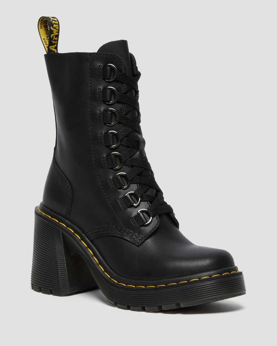 Dr Martens Chesney Leather Flared Heel Women's Lace Up Boots Black Sendal | BJTGCW958