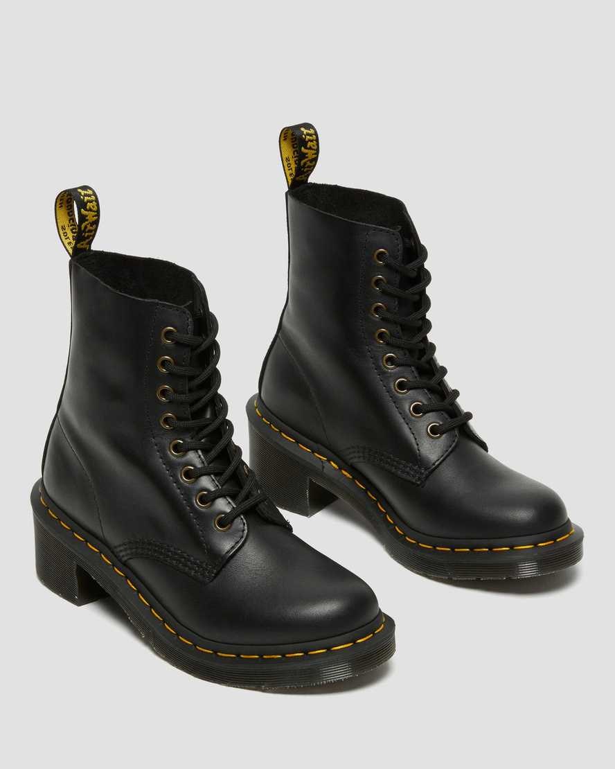 Dr Martens Clemency Leather Heeled Women's Lace Up Boots Black Wanama | DLJEIY016