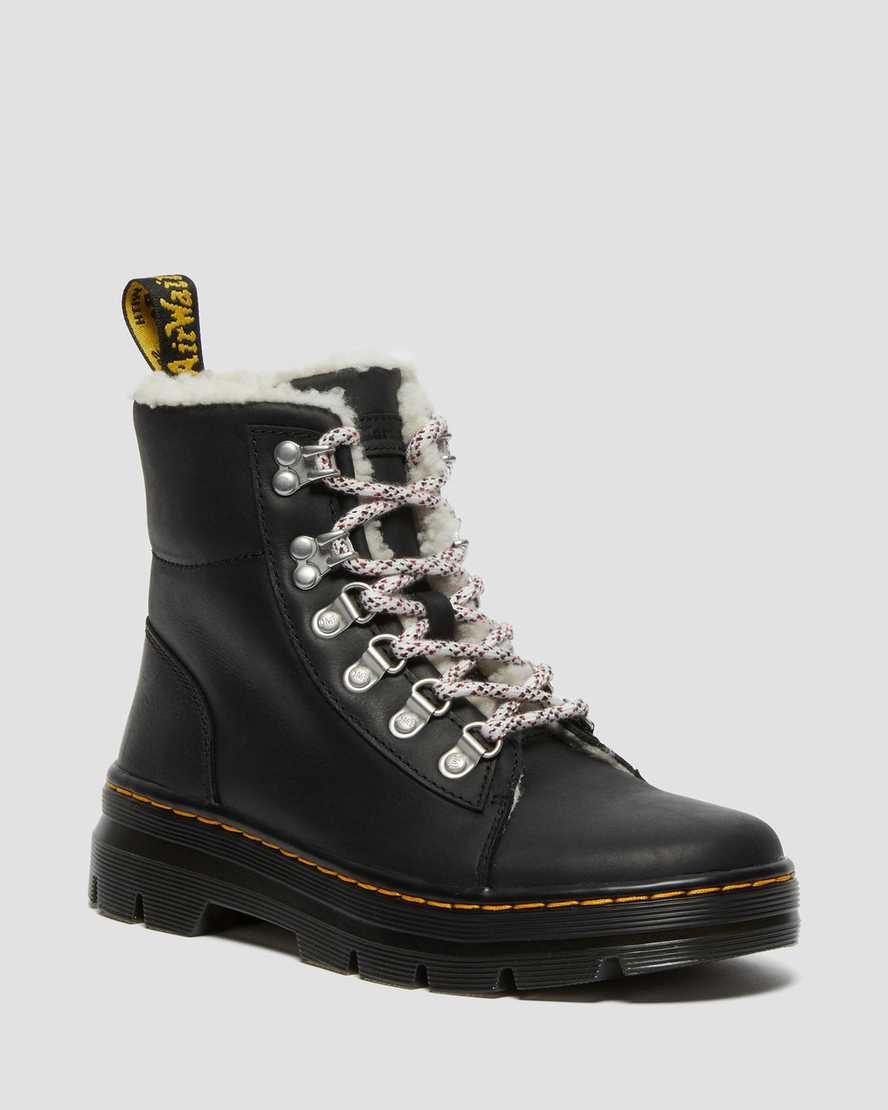 Dr Martens Combs Faux Shearling Lined Women\'s Lace Up Boots Black Wyoming | QBHEIK864