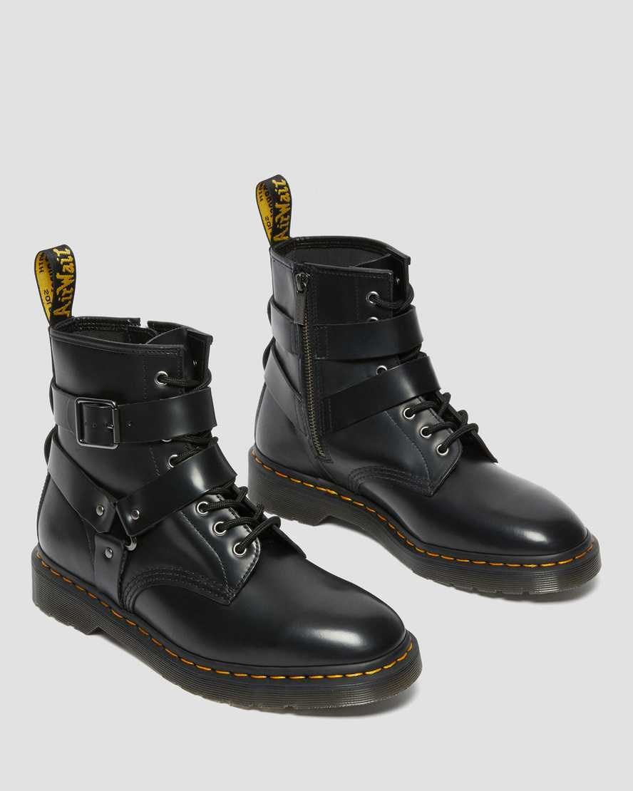 Dr Martens Cristofor Leather Harness Men's Lace Up Boots Black Polished Smooth | AKLYGO702