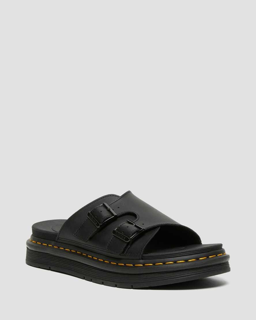 Dr Martens Dax Leather Men's Slide Sandals Black Hydro Leather | VTQLGD369