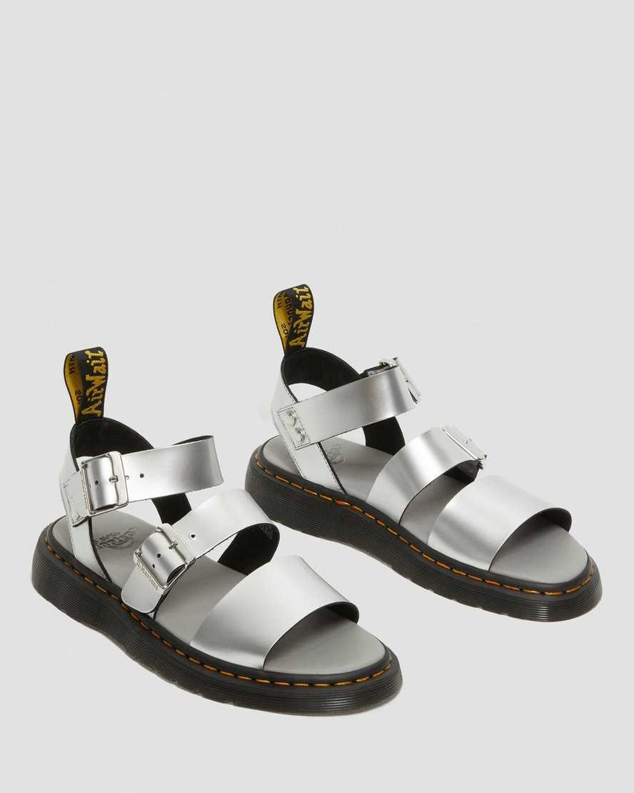 Dr Martens Gryphon Metallic Leather Women's Gladiator Sandals Silver | GWHTRL613