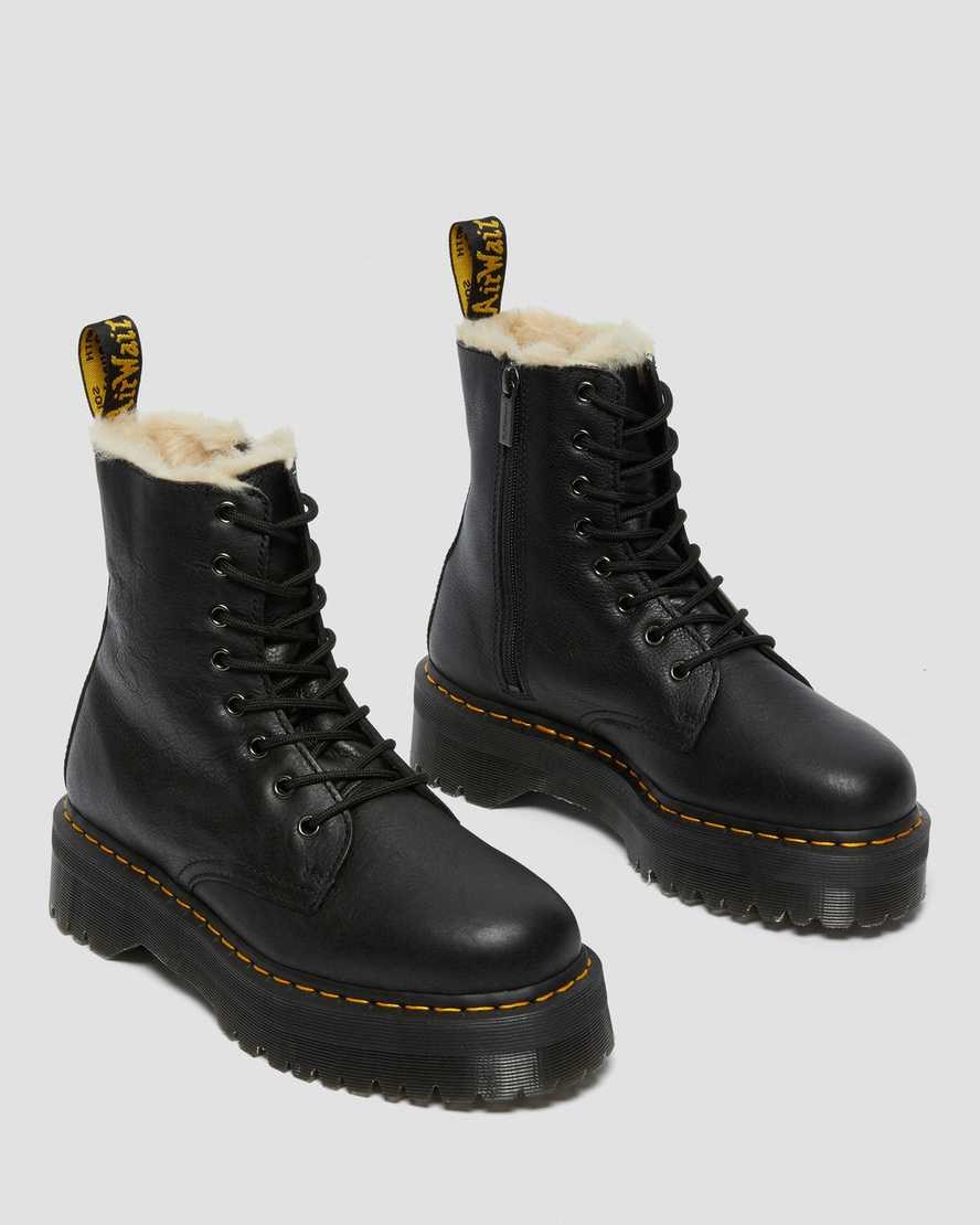 Dr Martens Jadon Leather Faux Fur Lined Platform Women's Lace Up Boots Black Pisa | BDARMZ184