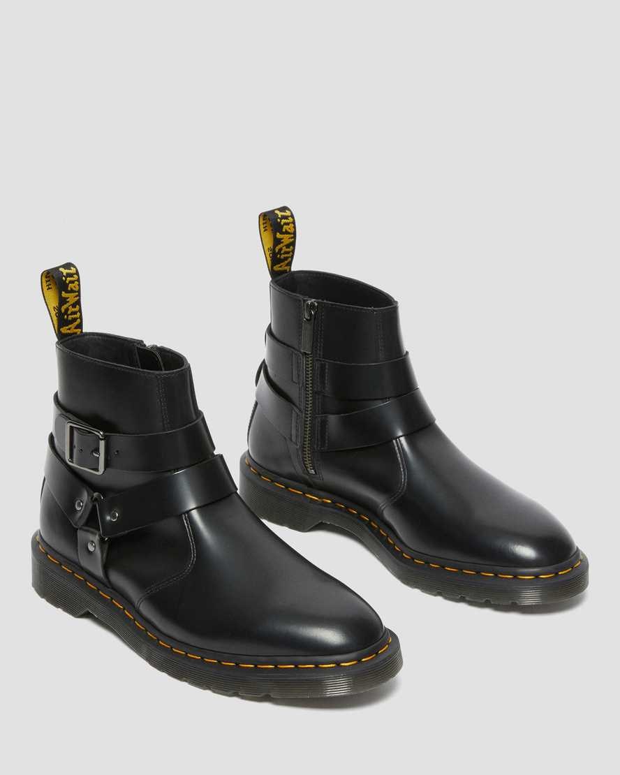 Dr Martens Jaimes Leather Harness Men's Zip Up Boots Black Polished Smooth | IAVQXN594