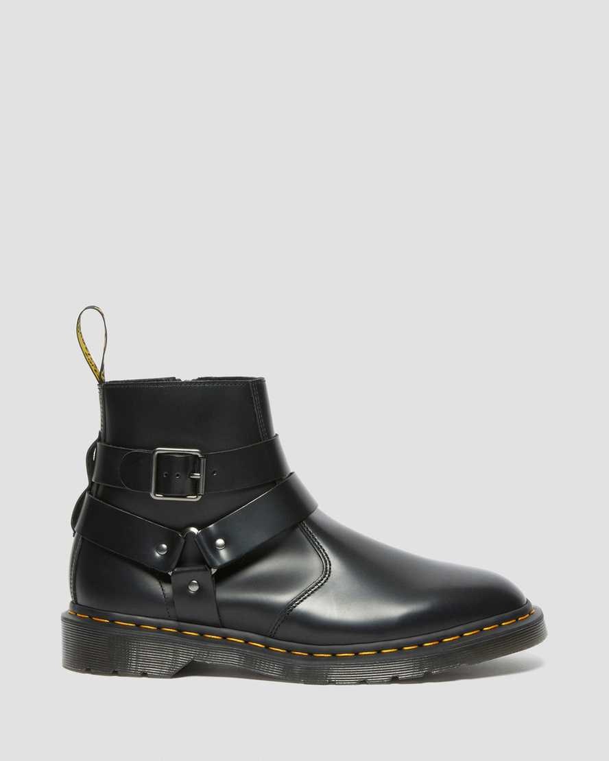 Dr Martens Jaimes Leather Harness Men's Zip Up Boots Black Polished Smooth | IAVQXN594