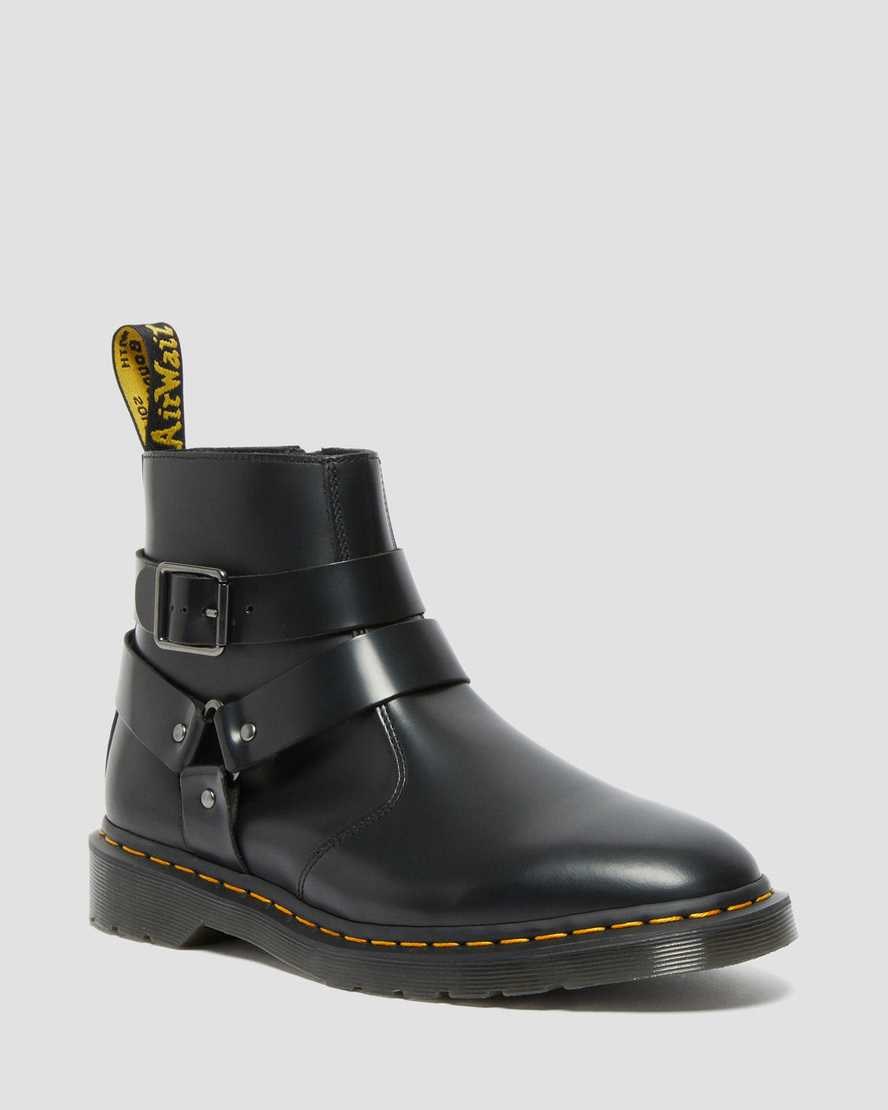 Dr Martens Jaimes Leather Harness Men\'s Zip Up Boots Black Polished Smooth | IAVQXN594