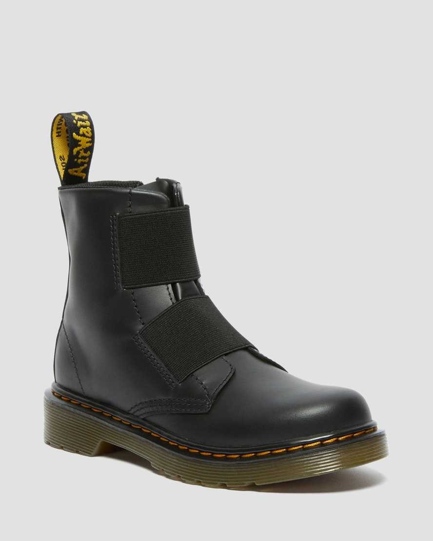 Dr Martens Junior 1460 Elastic Leather Kids' Lace Up Boots Black Romario | MAKDTH780