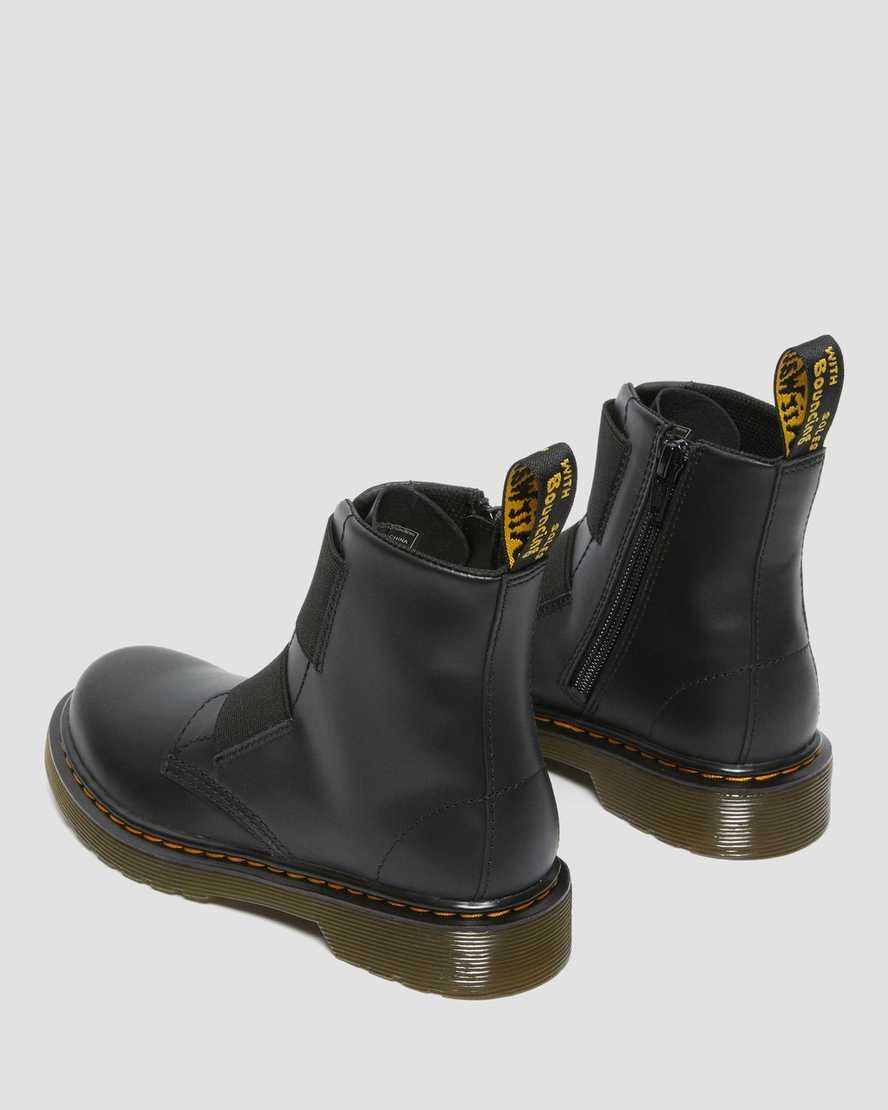 Dr Martens Junior 1460 Elastic Leather Kids' Lace Up Boots Black Romario | MAKDTH780