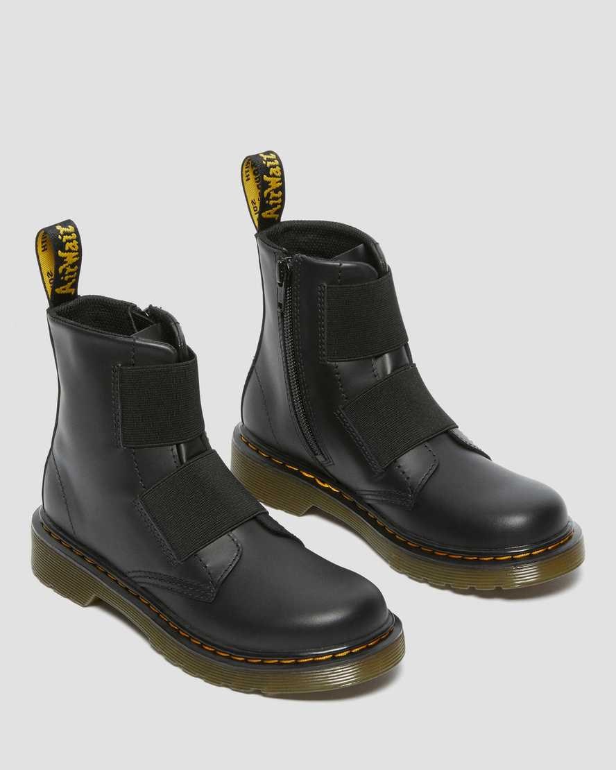 Dr Martens Junior 1460 Elastic Leather Kids' Lace Up Boots Black Romario | MAKDTH780