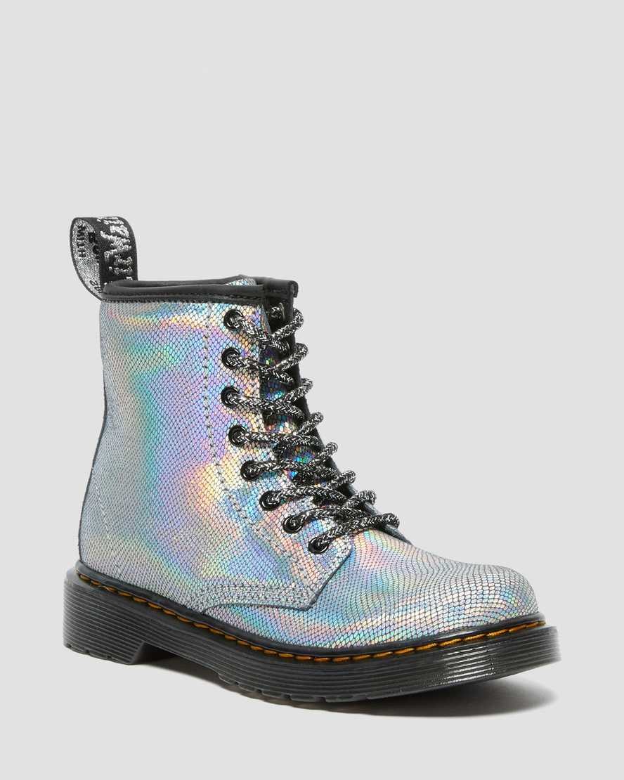 Dr Martens Junior 1460 Iridescent Leather Kids' Lace Up Boots Silver Reptile Iridescent | LDZXCJ801