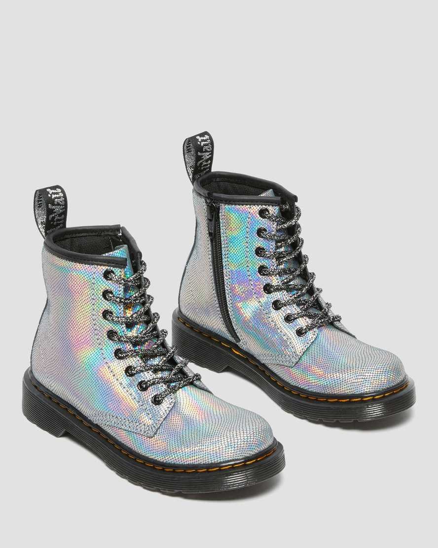 Dr Martens Junior 1460 Iridescent Leather Kids' Lace Up Boots Silver Reptile Iridescent | LDZXCJ801