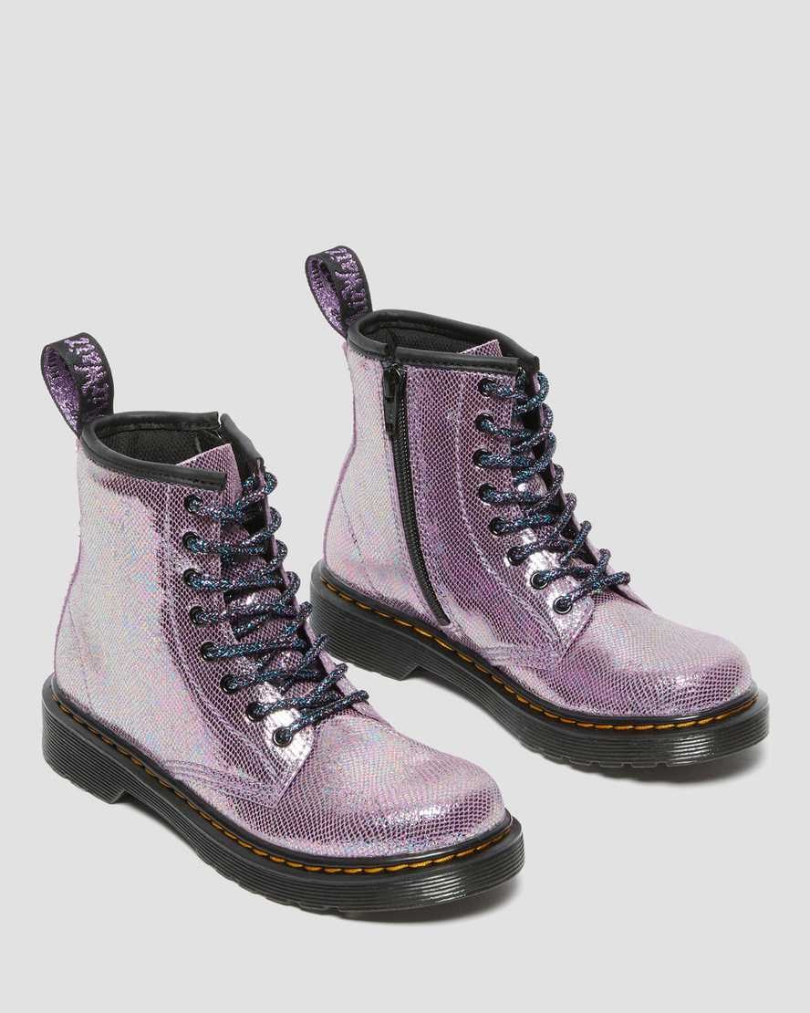 Dr Martens Junior 1460 Iridescent Leather Kids' Lace Up Boots Purple Reptile Iridescent | RDXVZO591