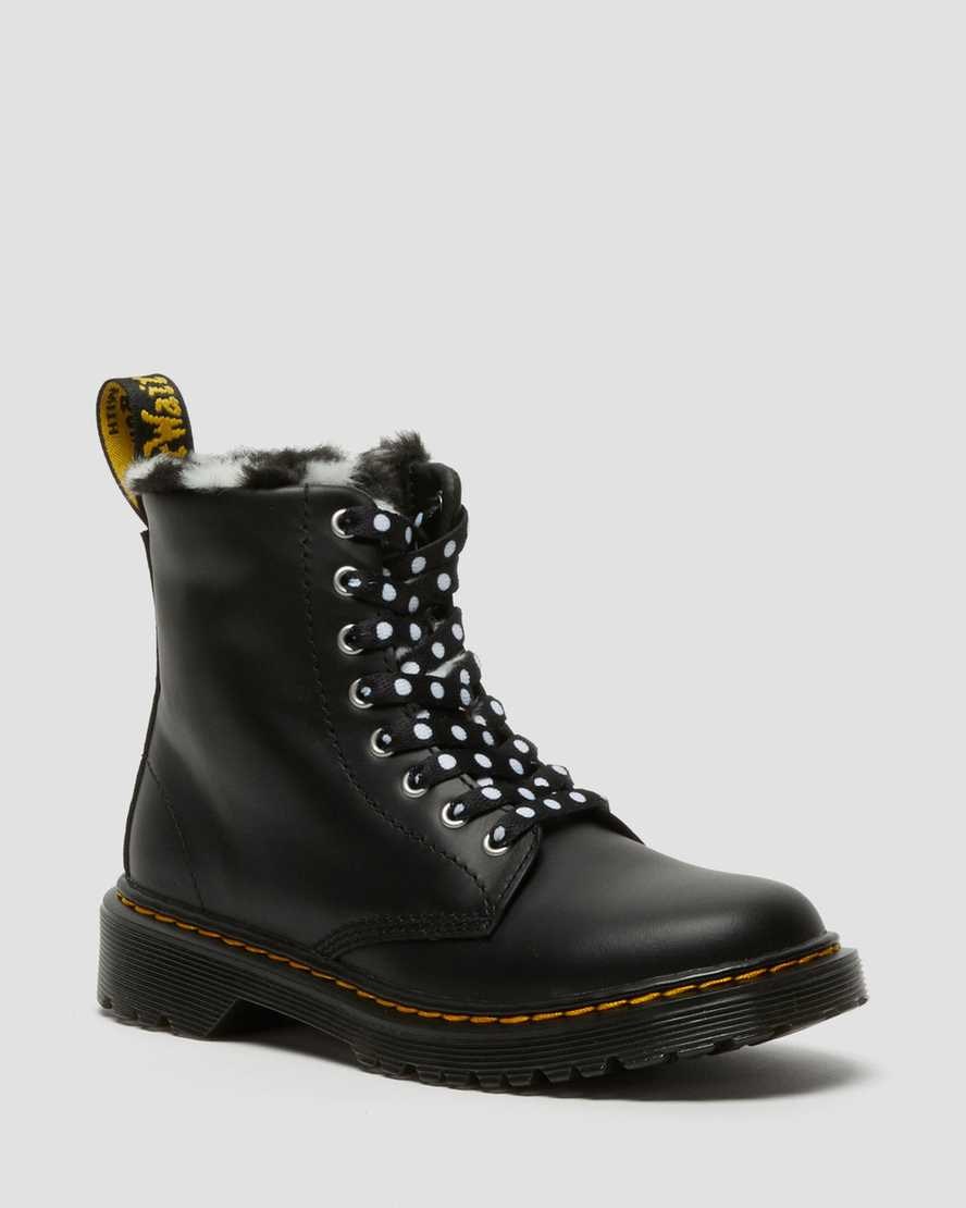 Dr Martens Junior 1460 Serena Faux Fur Lined Leather Kids' Lace Up Boots Black Romario | AEJCQM249