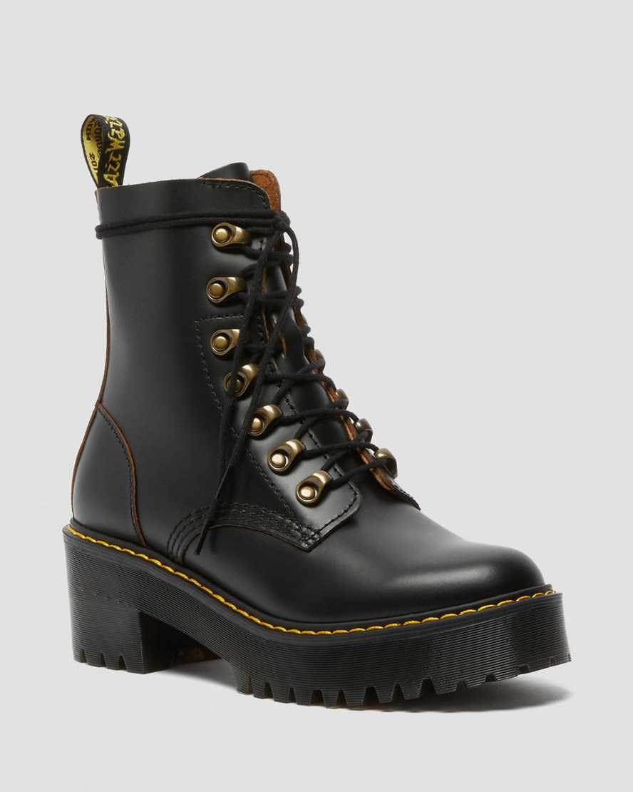 Dr Martens Leona Vintage Smooth Leather Women's Heeled Boots Black Vintage Smooth | FRXOAB920