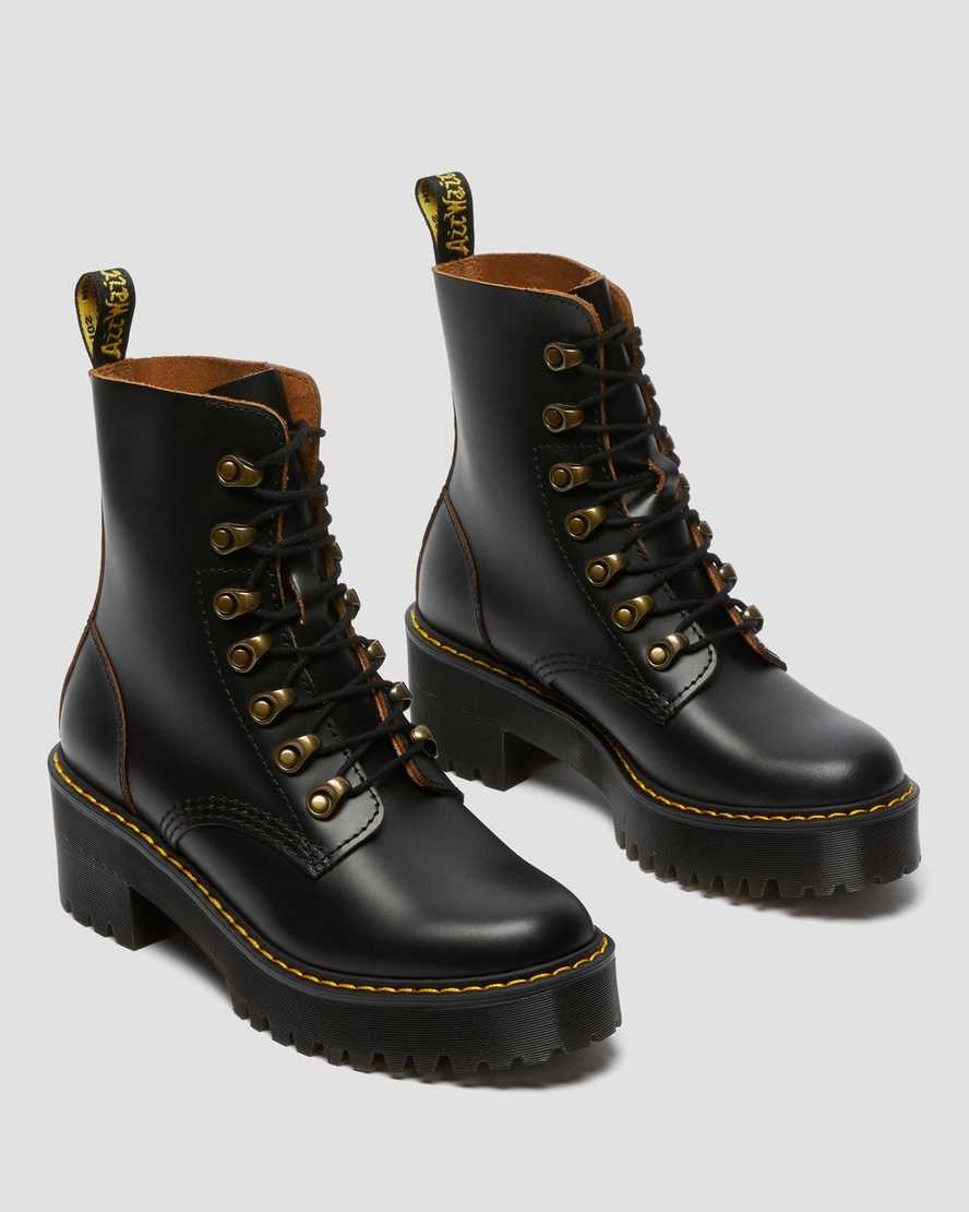 Dr Martens Leona Vintage Smooth Leather Women's Heeled Boots Black Vintage Smooth | FRXOAB920