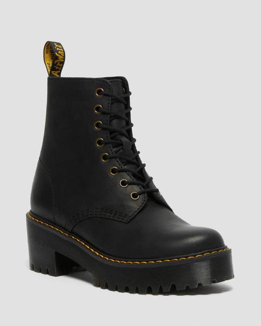 Dr Martens Shriver Hi Wyoming Leather Heeled Women's Lace Up Boots Black Burnished Wyoming | NPOSFB850