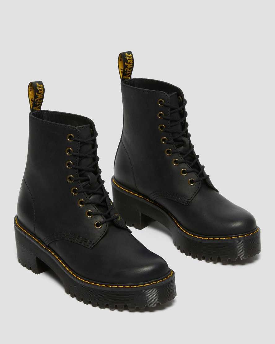 Dr Martens Shriver Hi Wyoming Leather Heeled Women's Lace Up Boots Black Burnished Wyoming | NPOSFB850