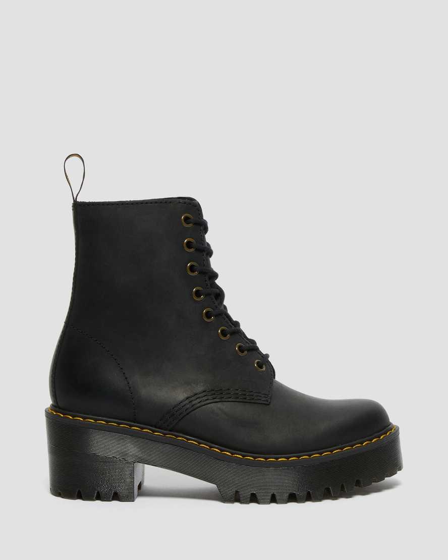 Dr Martens Shriver Hi Wyoming Leather Heeled Women's Lace Up Boots Black Burnished Wyoming | NPOSFB850