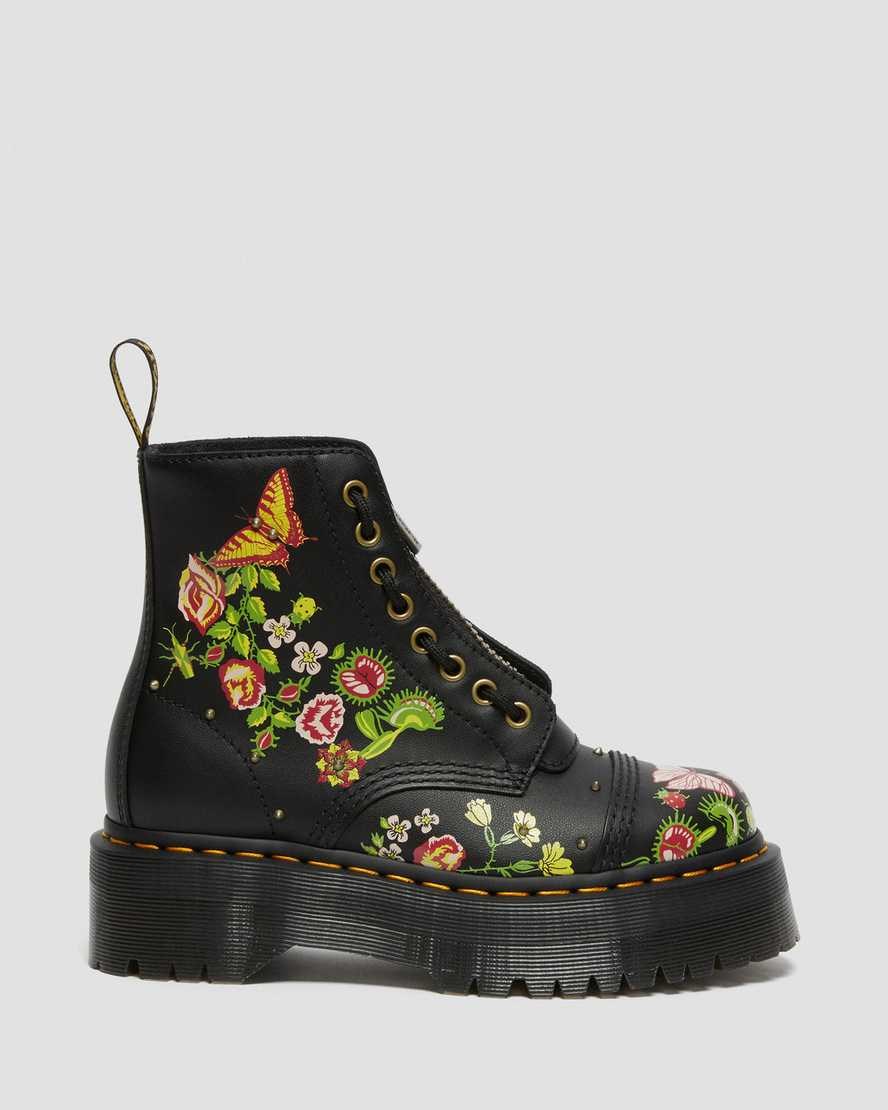 Dr Martens Sinclair Floral Bloom Leather Women's Zip Up Boots Black | CNHKXA375