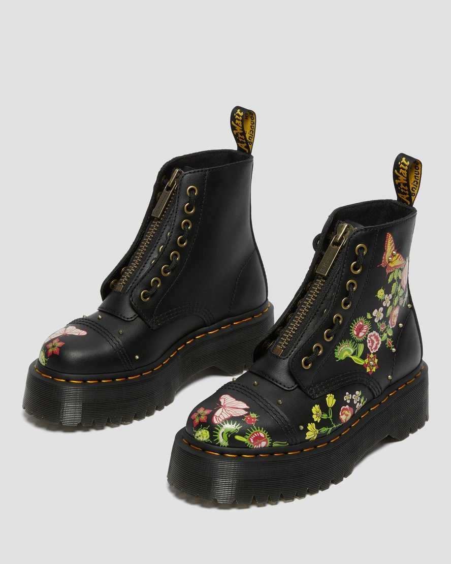 Dr Martens Sinclair Floral Bloom Leather Women's Zip Up Boots Black | CNHKXA375