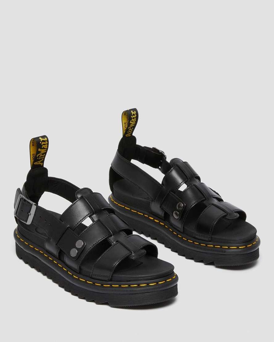 Dr Martens Terry Leather Women's Strap Sandals Black Brando | GIHLUD705